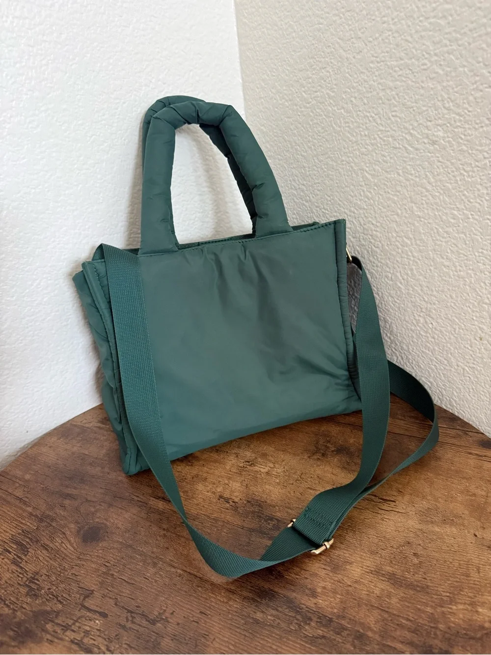 Like Dreams Quilted Puffer Heart Embossed Tote Shoulder Bag Deep Forest Green